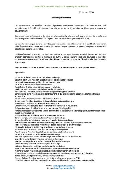 Amendements du Sénat à la LPR : communiqué du collectif des sociétés savantes