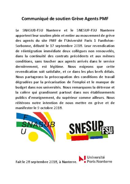 Université Paris-Nanterre : Soutien aux agents en grève de Paris 1 - Communiqué intersyndical, 28 septembre 2018