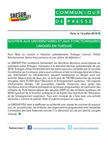 Turquie : soutien aux universitaires et aux fonctionnaires limogés - Communiqué de presse du 16 juillet 2018