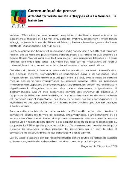 Attentat terroriste raciste à Trappes et à La Verrière : la haine tue - Communiqué de presse FSU du 25 octobre 2026