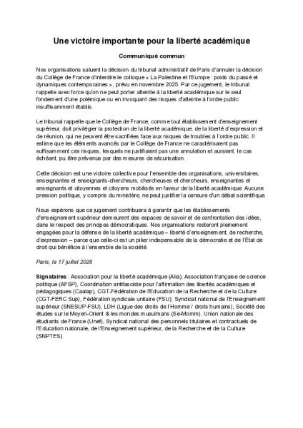 Une victoire importante pour la liberté académique - Communiqué commun du 17 juillet 2026