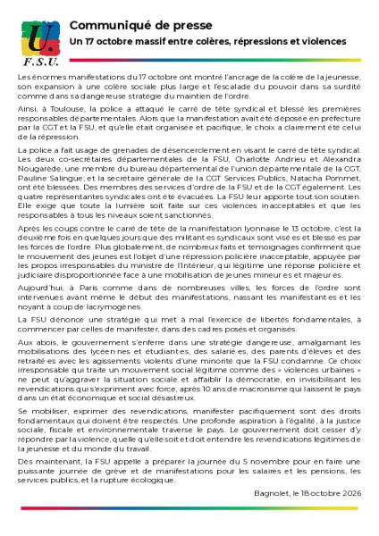 Un 17 octobre massif entre colères, répressions et violences - Communiqué de la FSU du 18 octobre 2026