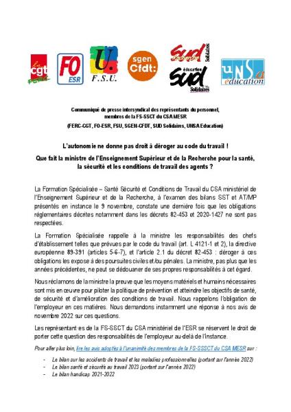 L’autonomie ne donne pas droit à déroger au code du travail ! Que fait la ministre de l’Enseignement Supérieur et de la Recherche pour la santé, la sécurité et les conditions de travail des agents ? - Communiqué intersyndical du 10 novembre 2023