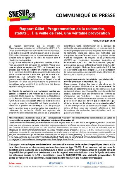 Rapport Gillet : Programmation de la recherche, statuts… à la veille de l’été, une véritable provocation - Communiqué du 20 juin 2023