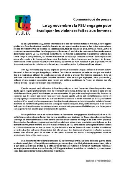 Le 25 novembre : la FSU engagée pour éradiquer les violences faites aux femmes - Communiqué FSU du 7 novembre 2023