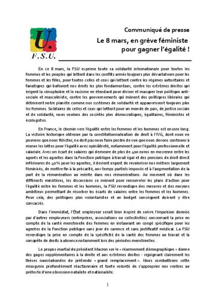 Le 8 mars, en grève féministe pour gagner l'égalité ! - Communiqué de presse FSU du  6 mars 2024