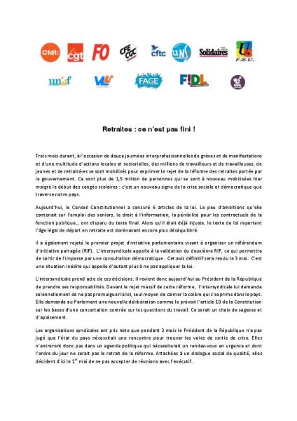 Retraites : ce n’est pas fini ! - Communiqué intersyndical du 14 avril 2023