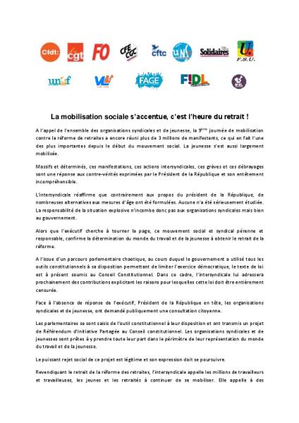 La mobilisation sociale s’accentue, c’est l’heure du retrait ! - Communiqué intersyndical du 23 mars 2023