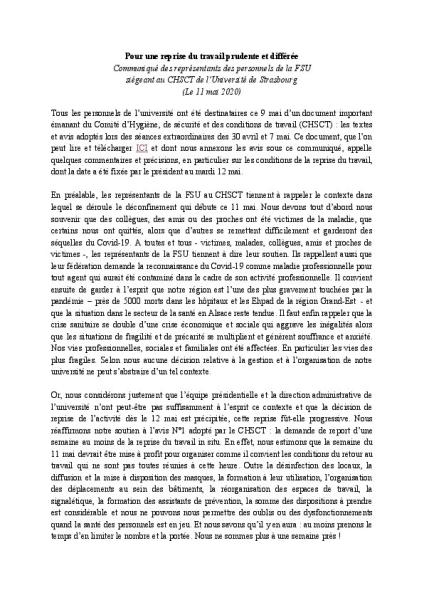 "Pour une reprise du travail prudente et différée" : communiqué des représentants FSU du CHSCT de l'Université de Strasbourg, 11 mai 2020