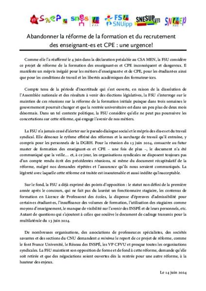 Abandonner la réforme de la formation et du recrutement des enseignant-es et CPE : une urgence !