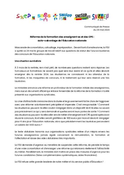 Réforme de la formation des enseignant·es et des CPE :   auto-sabordage de l’Éducation nationale - communiqué FSU du 29 mai 2024