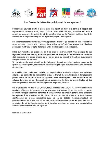 Pour l’avenir de la Fonction publique et de ses agent-es ! Communiqué intersyndical 17 mai 2019