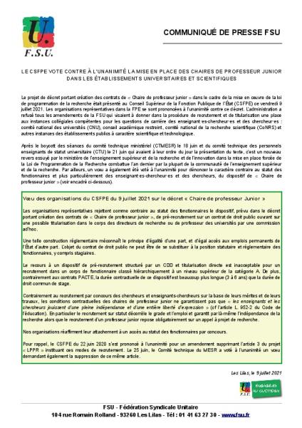Le CSFPE vote contre à l’unanimité la mise en place des chaires de professeur junior dans les établissements universitaires et scientifiques - Communiqué FSU du 9 juillet 2021