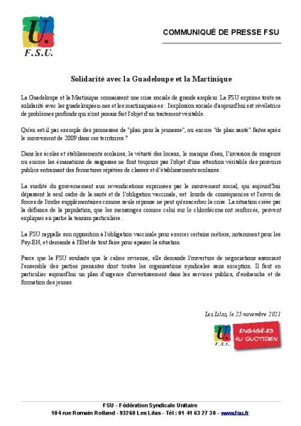 Solidarité avec la Guadeloupe et la Martinique - Communiqué de presse de la FSU du 25 novembre 2021
