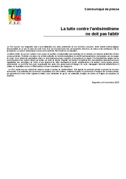 La lutte contre l'antisémitisme ne doit pas faiblir - Communiqué de presse de la FSU du 6 octobre 2023