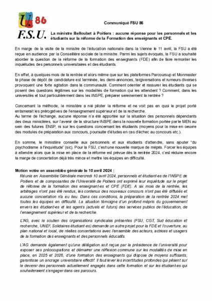 Communiqué de la FSU 86 - Visite de N. Belloubet le 11 avril 2024
