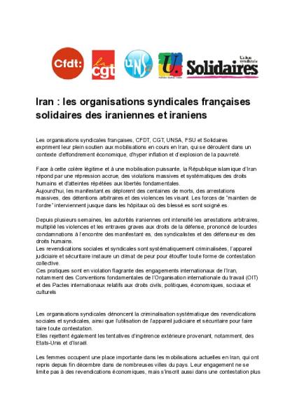 Iran : les organisations syndicales françaises solidaires des iraniennes et iraniens - Communique intersyndical du 13 janvier 2026