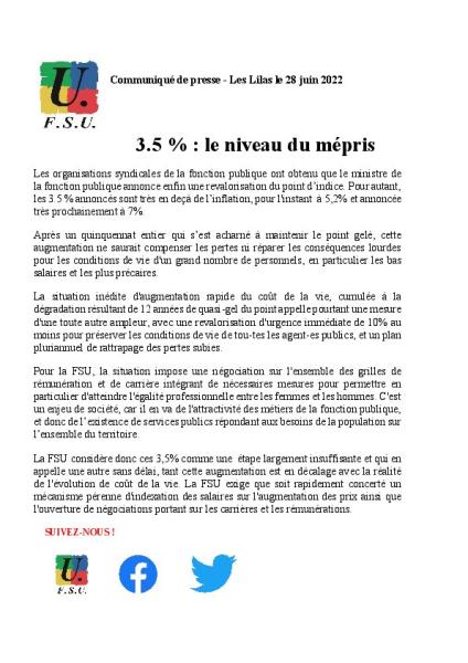 3.5 % : le niveau du mépris - Communiqué de presse de la FSU du 28 juin 2022