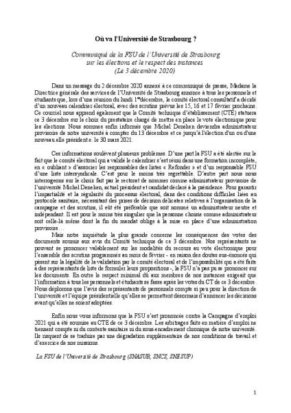 Où va l’Université de Strasbourg ? - CP de la FSU de l’Université de Strasbourg sur les élections et le respect des instances, 3 décembre 2020