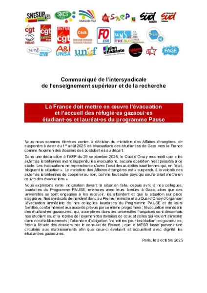 La France doit mettre en œuvre l’évacuation  et l’accueil des réfugié·es gazaoui·es  étudiant·es et lauréat·es du programme Pause - Communiqué intersyndical du 03/10/2025