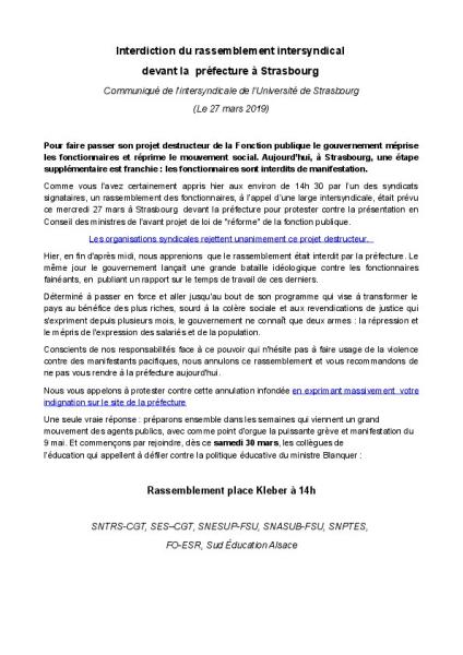 Interdiction du rassemblement intersyndical  devant la  préfecture à Strasbourg : Communiqué intersyndical, 27 mars 2019
