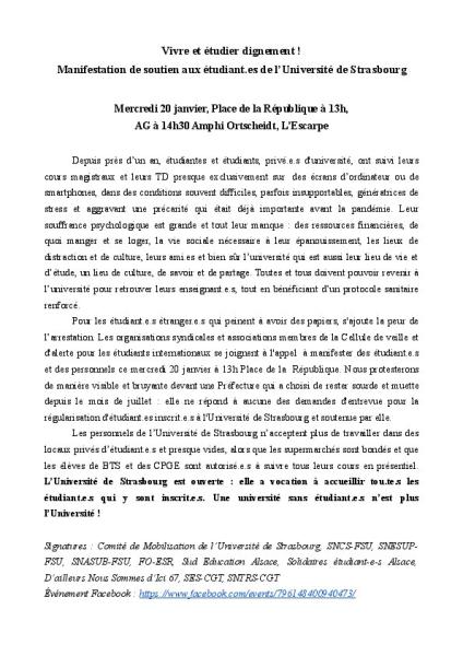 Vivre et étudier dignement ! Manifestation de soutien aux étudiant.es de l’Université de Strasbourg - CP intersyndical du 19 janvier 2021