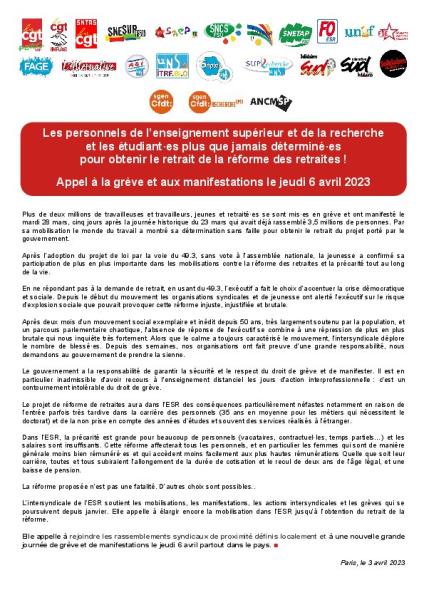 Les personnels de l'ESR et les étudiant·es plus que jamais déterminé·es pour obtenir le retrait de la réforme des retraites ! - Appel intersyndical du 3 avril 2023