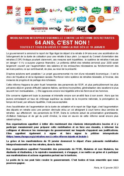 64 ans, c’est NON ! Toutes et tous en grève et dans la rue dès le 19 janvier - Communiqué de l’intersyndicale de l’ESR du 12 janvier 2023