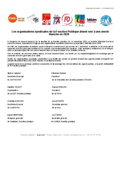 Les organisations syndicales de la Fonction Publique disent non à une année blanche en 2024 - Communiqué intersyndical du 