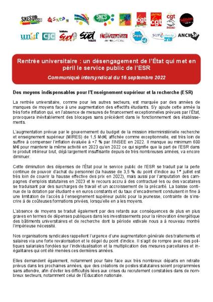 Rentrée universitaire : un désengagement de l’État qui met en péril le service public de l’ESR - Communiqué intersyndical du 16 septembre 2022