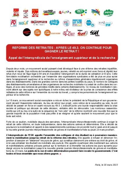 REFORME DES RETRAITES : APRÈS LE 49.3, ON CONTINUE POUR GAGNER LE RETRAIT ! - Appel de l’intersyndicale de l’enseignement supérieur et de la recherche du 20 mars 2023