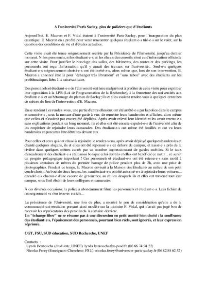 A l’université Paris Saclay, plus de policiers que d’étudiants - CP intersyndical CGT, FSU, SUD éducation, SUD Recherche et UNEF du 21 janvier 2021