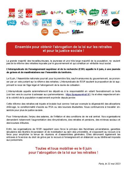 Ensemble pour obtenir l'abrogation de la loi sur les retraites et pour la justice sociale ! - Communiqué intersyndical du 22 mai 2023