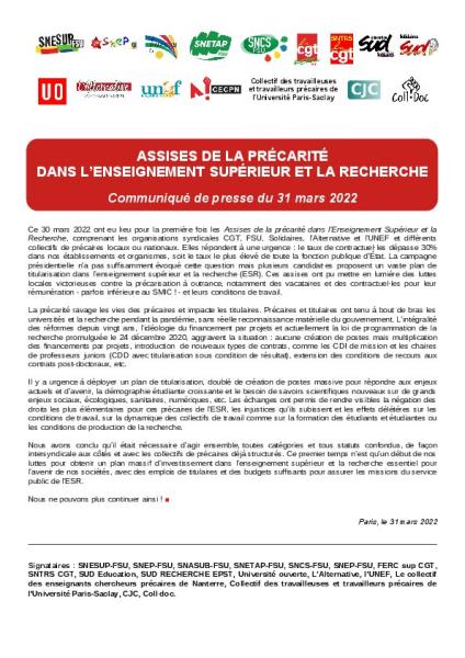 Assises de la précarité dans l'enseignement supérieur et la recherche - Communiqué de presse intersyndical du 31 mars 2022