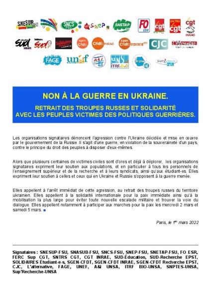 Non à la guerre en Ukraine. Retrait des troupes russes et solidarité avec les peuples victimes des politiques guerrières. - Communiqué intersyndical du 1er mars 2022