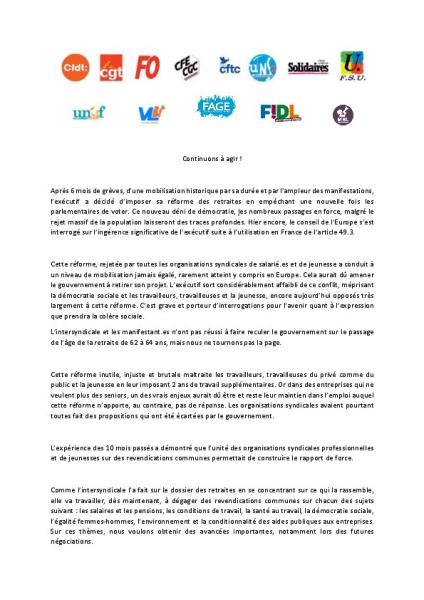 Continuons à agir! - Communiqué intersyndical du 15 juin 2023