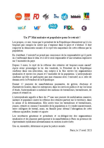 Un 1er Mai unitaire et populaire pour le retrait ! - Communiqué intersyndical du 17 avril 2023