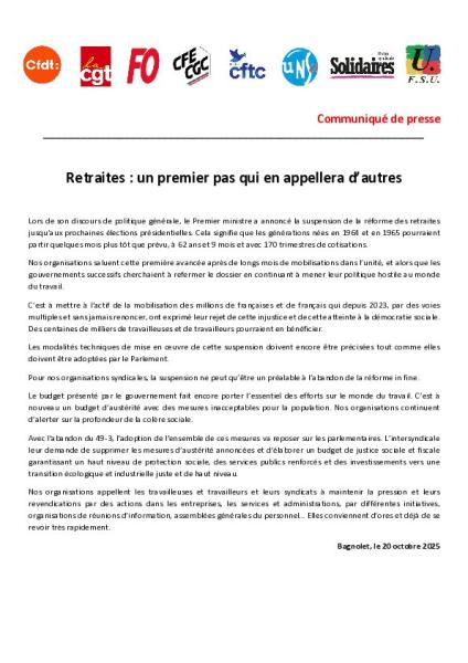 Retraites : un premier pas qui en appellera d'autres - Communiqué intersyndical du 20 octobre 2025