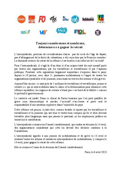 Toujours nombreuses et nombreux, déterminé-es à gagner le retrait - Communiqué intersyndical du 6 avril 2023