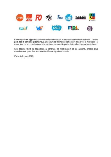 Réforme des retraites - Communiqué intersyndical du 8 mars 2023