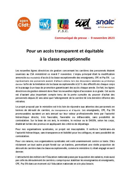 Pour un accès transparent et équitable à la classe exceptionnelle - Communiqué de presse intersyndical du 9 novembre 2023