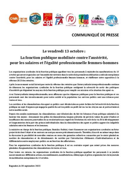 Le vendredi 13 octobre : La fonction publique mobilisée contre l’austérité,  pour les salaires et l’égalité professionnelle femmes-hommes - Communiqué intersyndical du 28 septembre 2023