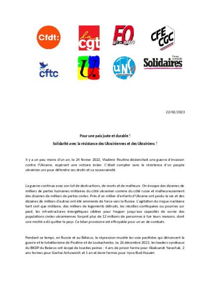 Pour une paix juste et durable ! - Manifestation samedi 25 février à 14h de République vers Bastille  - Communiqué interyndical du 