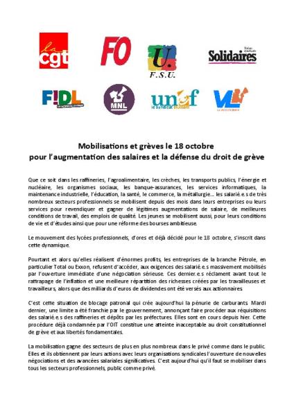 Mobilisations et grèves le 18 octobre ,pour l’augmentation des salaires et la défense du droit de grève - communiqué intersyndical du 13 octobre 2022