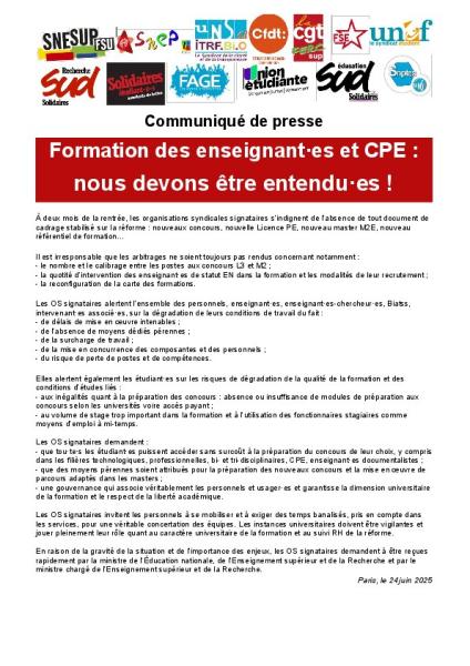 Formation des enseignant·es et CPE : nous devons être entendu·e·s ! - CP intersyndical du 24 juin 2025
