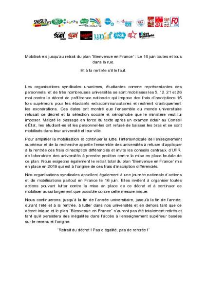 Mobilisé.es jusqu’au retrait du plan “Bienvenue en France” : Le 16 juin toutes et tous dans la rue. Et à la rentrée s’il le faut - Communiqué intersyndical du 12 juin 2026