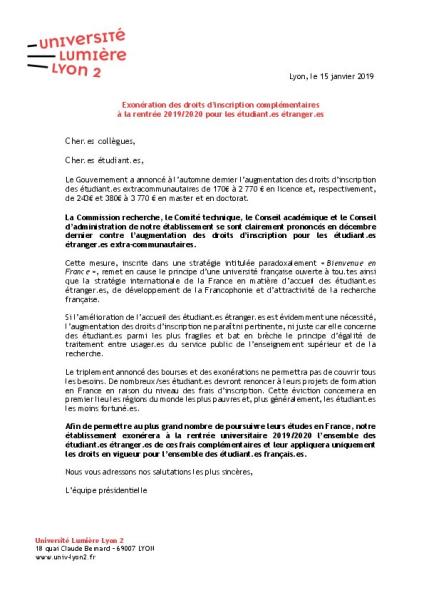 Université Lumière Lyon 2 : Exonération des droits d’inscription complémentaires à la rentrée 2019/2020 pour les étudiant.es étranger.e.s - Communiqué de presse, 15 janvier 2019