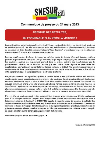 Réforme des retraites : un formidable élan vers la victoire! - Communiqué du 24 mars 2023