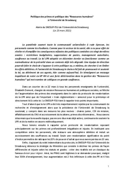 Alerte du SNESUP-FSU : Politique des primes et politique des “Ressources humaines” à l’Université de Strasbourg - Communiqué du 25 mars 2021
