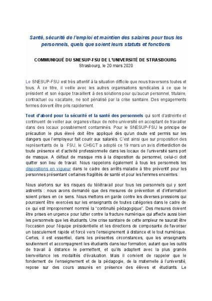 Santé, sécurité de l’emploi et maintien des salaires pour tous les personnels, quels que soient leurs statuts et fonctions -  CP du SNESUP-FSU de l'université de Strasbourg, 20 mars 